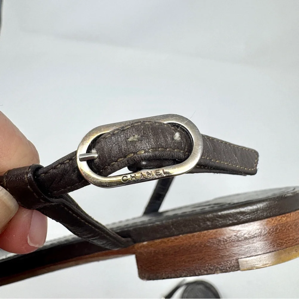 Chanel Dark Brown Leather Silver CC Logo T-Strap Thong Sandals